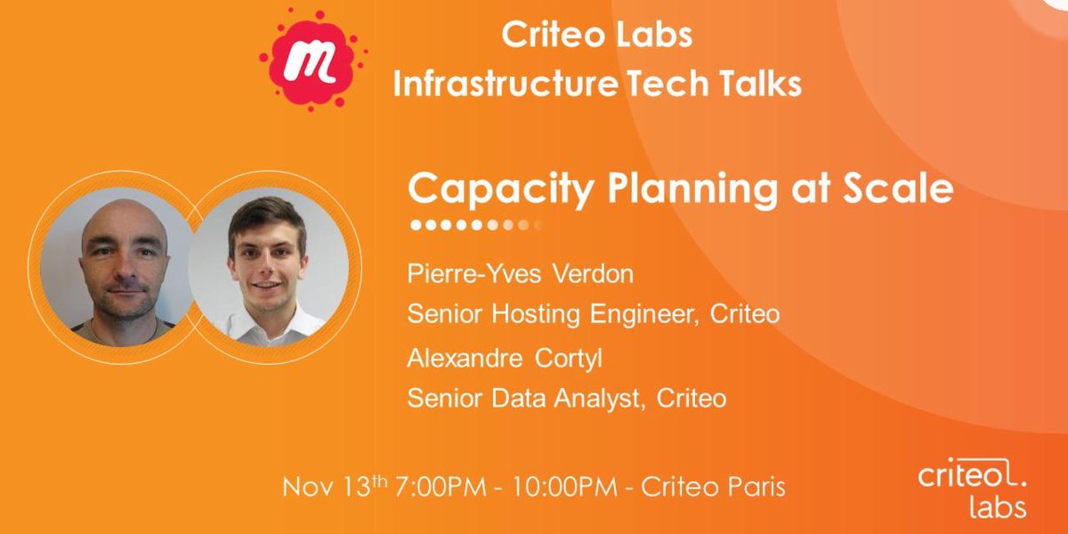 CriteoEng's tweet photo. [Meetup] Nice to have @alexcortyl and @pverdon from @criteoeng to present Capacity Planning at Scale. 
Register here https://t.co/SaOYDTnGnN https://t.co/RsyQ1qKZoS