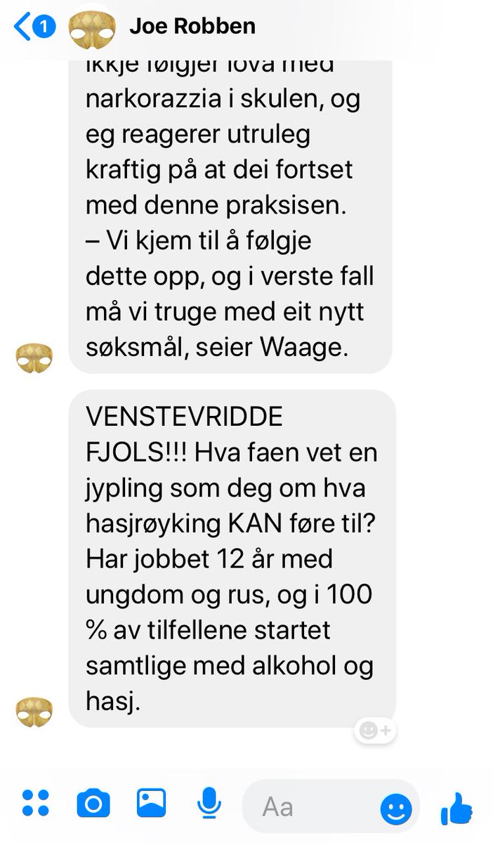 Jeg: -Politiet har krenket elevenes personvern og tråkket på rettighetene våre. 

Joe:

(Heldigvis bare tredje gang jeg har opplevd slik hets)