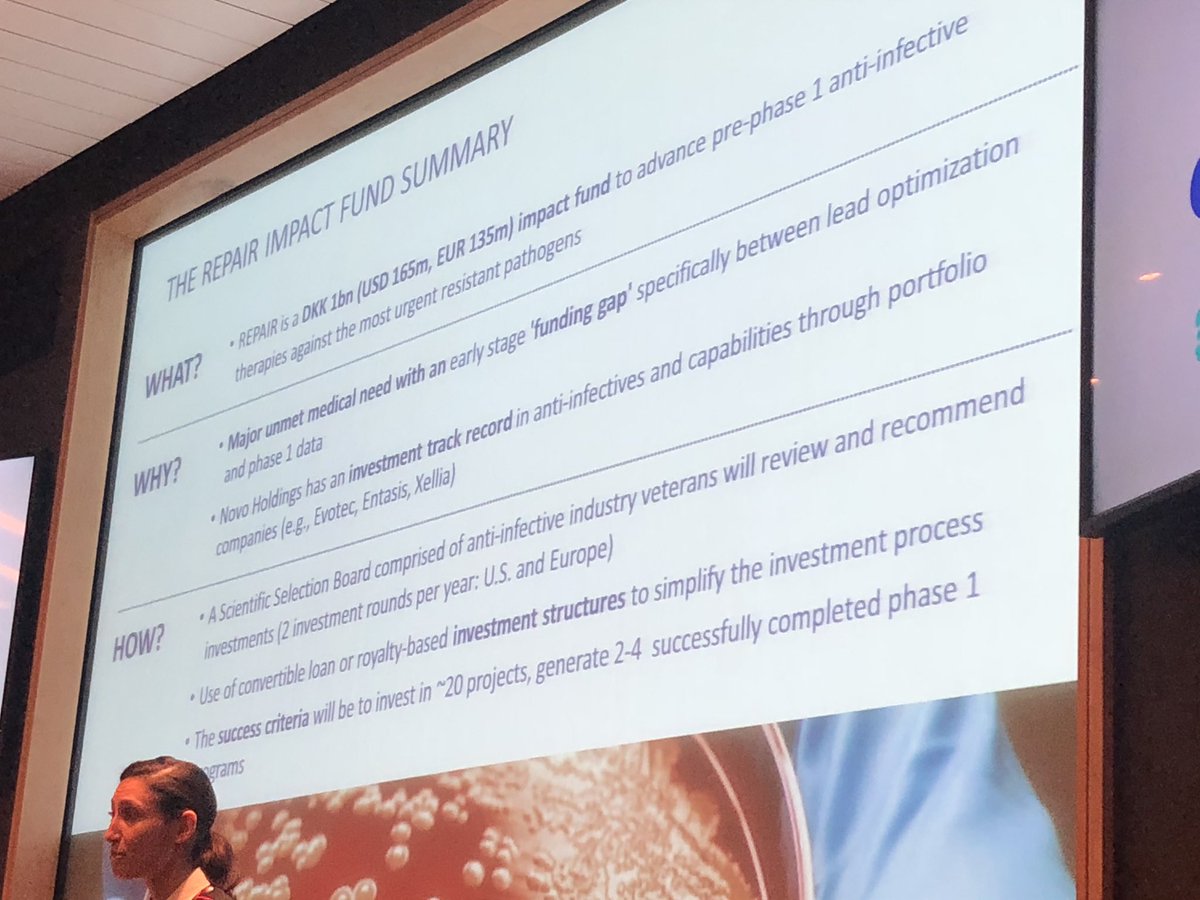 Bionow's tweet photo. Camilla Petrycer Hansen @novonordiskfond on the what, why and how of the Novo Holdings Repair Impact Fund - €135m aimed at pre-Phase 1 approaches against most critical pathogens #BioInfect18 https://t.co/5ecLqliq7o