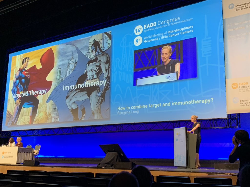 Brilliant scientist, expert clinician &amp; gifted communicator: my friend &amp; colleague <a href="/MelanomaAus/">Melanoma Institute Australia</a> Co-Medical Director <a href="/ProfGLongMIA/">Professor Georgina Long AO (Bluesky @gvlongphdmd)</a> is summarising the last advances in drug therapies in #melanoma in packed plenary lecture #EADOCongress2018 @WomenSciAUST