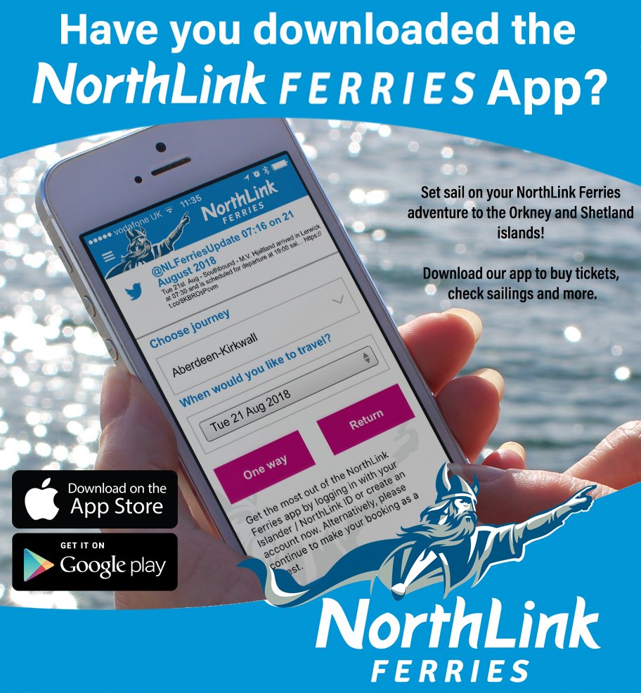 NLFerries's tweet image. Set sail on your NorthLink Ferries adventure to the Orkney and Shetland islands! Download our app to buy tickets, check sailings and more.

iTunes: apple.co/2PiV9wr
Google Play: goo.gl/P2ivRK

#Orkney #Shetland #Caithness #Aberdeen #NorthLinkApp