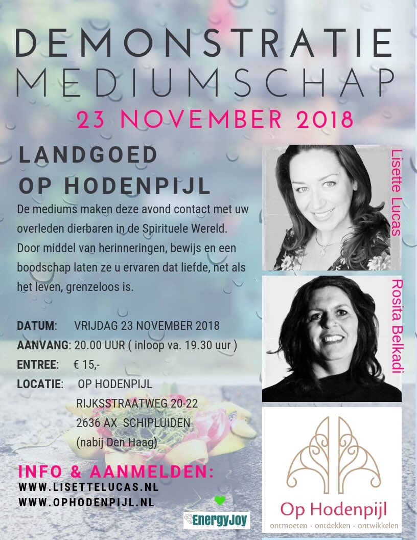 Lisettelucas's tweet photo. 23 november 2018: Demonstratie #Mediumschap in @OpHodenpijl samen met @Rositabelkadi Wil je erbij zijn?❤️Kaarten🎟: https://t.co/OZcj4TczLW https://t.co/2r08MO20BR