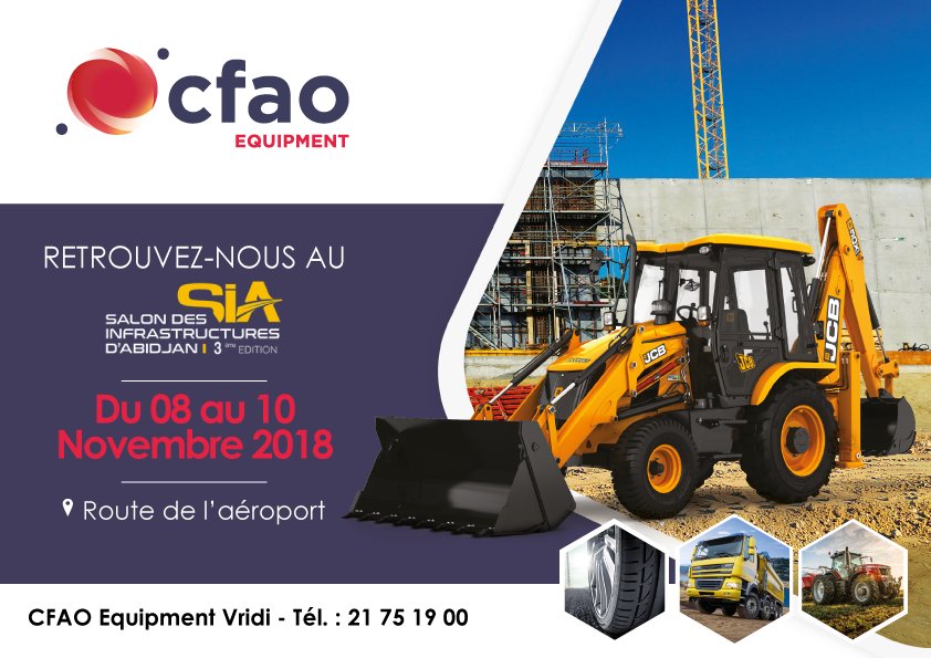 CFAOmotorsCI's tweet photo. Retrouvez CFAO EQUIPMENT à la 3ème édition du Salon des Infrastructures d'Abidjan, du 08 au 10 Novembre 2018 sur la route de l'aéroport FHB. Visitez notre stand et découvrez notre gamme de produits dédiés aux professionnels. #SIA2018 #CIV2018 https://t.co/YU4cABmk8w