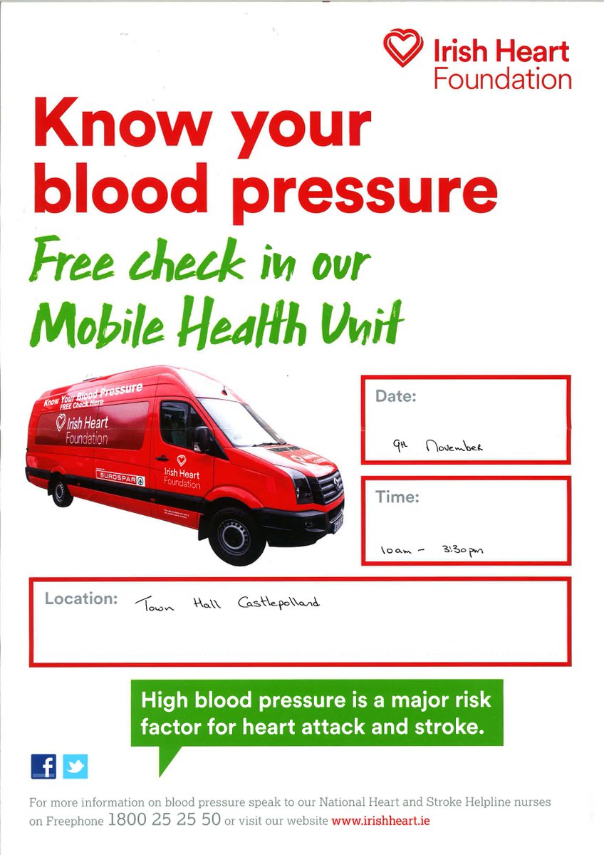 whcclibrary's tweet photo. Know your blood pressure - Free check in Castlepollard on Fri 9th Nov 2018, from 10am - 3.30pm - Castlepollard Town Hall.
#Healthyireland #cpdlib https://t.co/DfmvQgfhC0