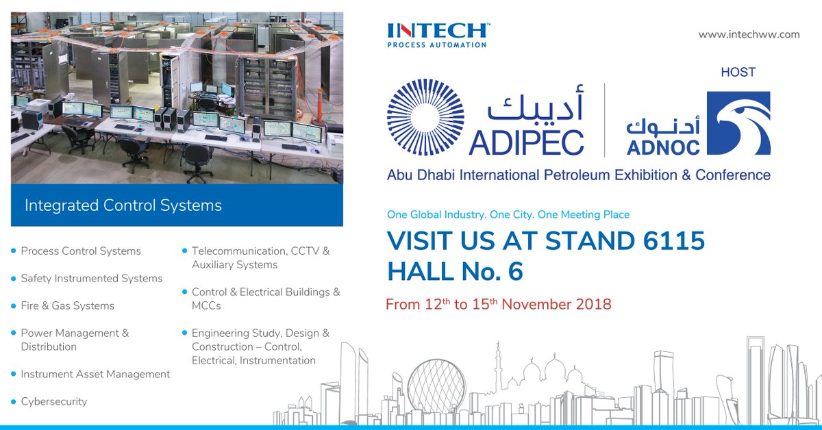 INTECHww's tweet image. #teamINTECH&apos;s Integrated Control Systems will be featured at the biggest international petroleum exhibition &amp;amp; conference in Middle East. Join us at #ADIPEC2018 to find out how INTECH&apos;s ICS solutions have been helping its #oilandgas clients and how they can help you