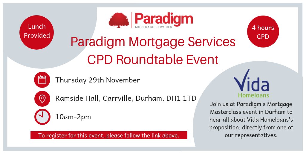 VidaHomeloans's tweet photo. Vida's @NicholaVida will be attending the Mortgage CPD Event by @Paradigm_Mtgs in Durham on the 29th November. Make sure to register your place to hear more about our proposition https://t.co/KyGpe27Oqf #mortgagemasterclass https://t.co/1rMPiqo3pU