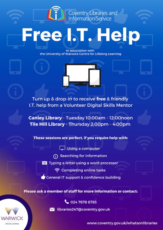 CLLWarwick's tweet photo. Good luck to our Digital Mentoring Team today who are heading to Tile Hill Library to help the local community with using technology.
#CLLcommunity #warwick #digital
@warwickuni @covlibraries https://t.co/01B45soahA
