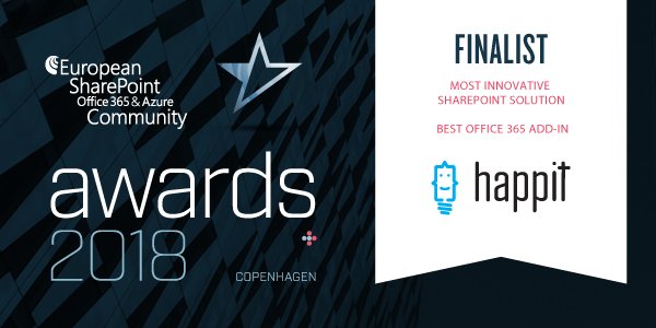 ESPC_Community's tweet photo. Congratulations to @happitcom who are finalists in the Most Innovative SharePoint Solution and Best Office 365 Add-In categories of the European #SharePoint #Office365 &amp; Azure Community Awards. Check out the full list here: https://t.co/INbU6fJFmT https://t.co/M3sOUGxh4K