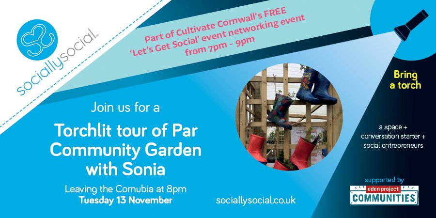 Join us &amp; Cultivate for free on Tues 13 Nov in #Par #Cornwall for Social Entrepreneurs. With a Torchlit Tour, Networking, Talks, Guest speakers from <a href="/UnLtd/">UnLtd</a> &amp; <a href="/edencommunities/">Eden Project Communities - #TheBigLunch 🎉</a> Share your #whoknew messages ready for #socialenterpriseday &amp; lots more. Book at: letsgetsocialpar.eventbrite.co.uk