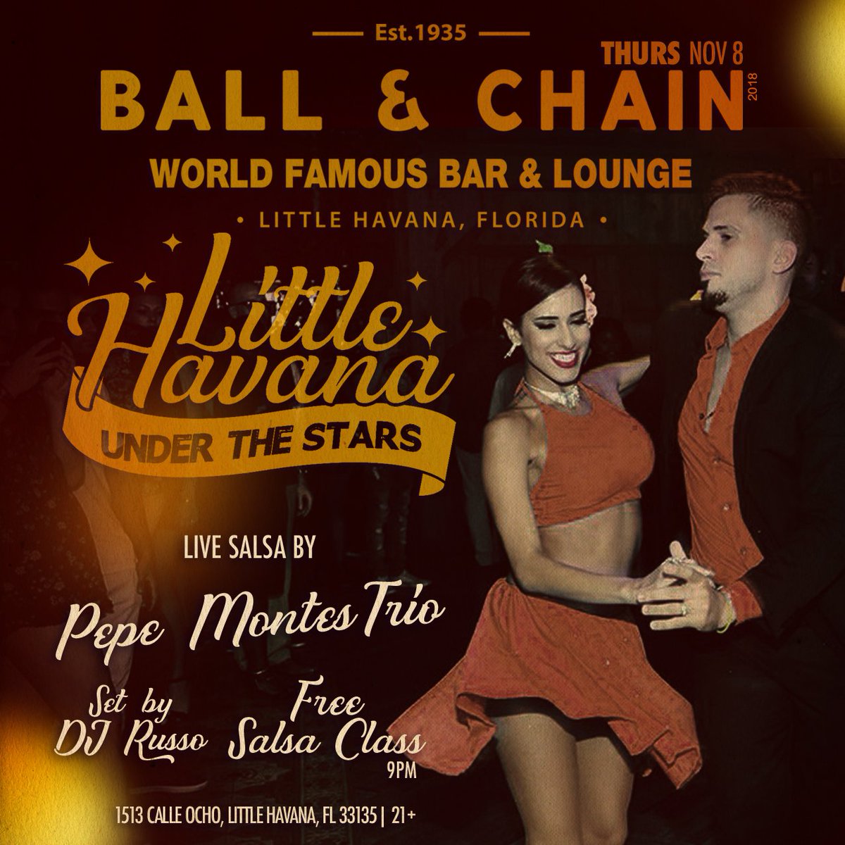 BallAndChainBar's tweet photo. TONIGHT:#SalsaNight ft. #LiveSalsa &amp; a FREE @ReneRodMovement #SalsaClass; TOMORROW: #LiveJazz by @tigerjazz, then @gopalo for @MiamiBoheme Night! #NoCover #LittleHavana https://t.co/SQWsbyQEJl https://t.co/UF2FPQcHaz