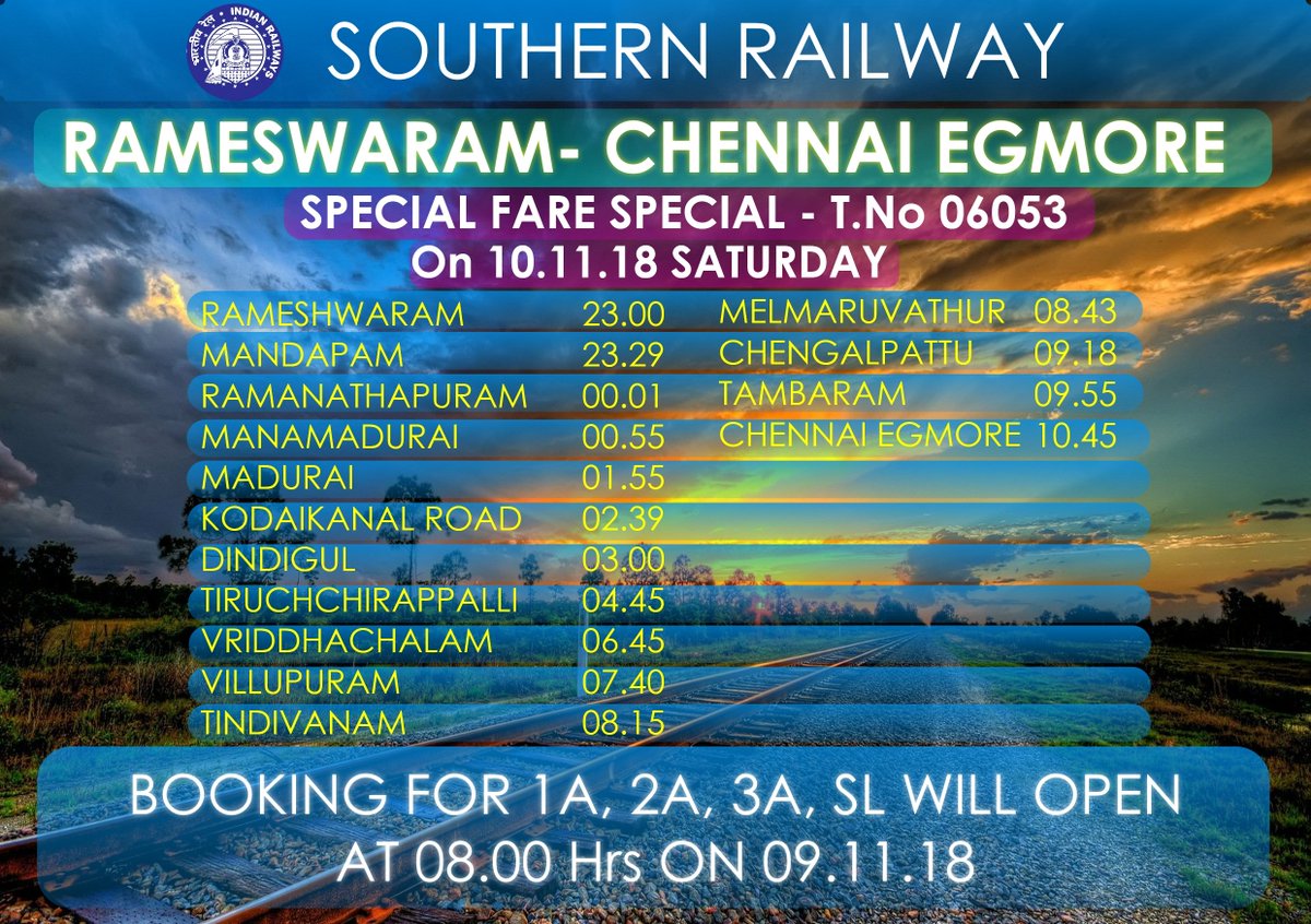 DyCCMPMSR's tweet photo. RAMESWARAM - CHENNAI EGMORE SPECIAL FARE SPECIAL @GMSRailway @ccmsrly @DrmChennai @DRMTPJ @drmmadurai @RailPartner https://t.co/RptLHcSqyn