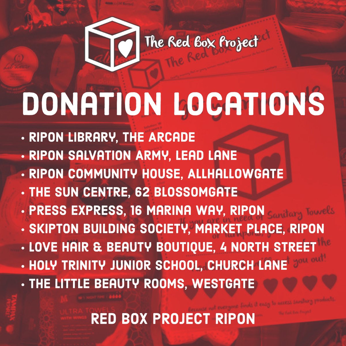 redboxripon's tweet image. The Red Box Project Ripon are collecting donations of sanitary products and have a fantastic network of donation drop off locations. 
Please get in touch if you would like to be part of the Red Box Project.
#kindnessmatters #redboxproject #ripon