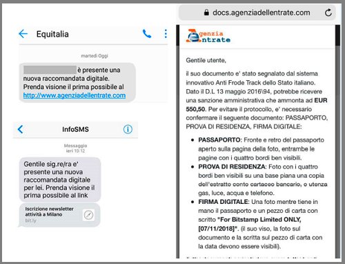 Agenzia_Entrate's tweet photo. Alert #phishing! Circolano falsi sms in nome dell’Agenzia. I messaggi comunicano l’arrivo di raccomandate digitali e invitano a fornire copia del passaporto e di altri documenti personali collegandosi a una pagina web ingannevole. Cestinateli subito! https://t.co/uIH8yYgPc4 https://t.co/Fpr5TgZXLm