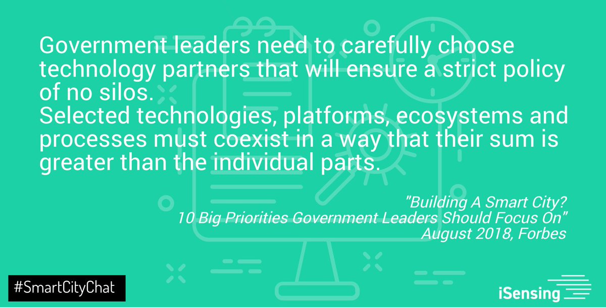 i_sensing's tweet photo. #SmartCityChat at #iSensing today. 
In #smartCities, selected technologies, platforms, ecosystems and processes must coexist in a way that their sum is greater than the individual parts. 
AGREE or NOT with #noSilos policy? 
#sustainableCity #smartCity #urbanization #smartData https://t.co/SWiGVj7HWh