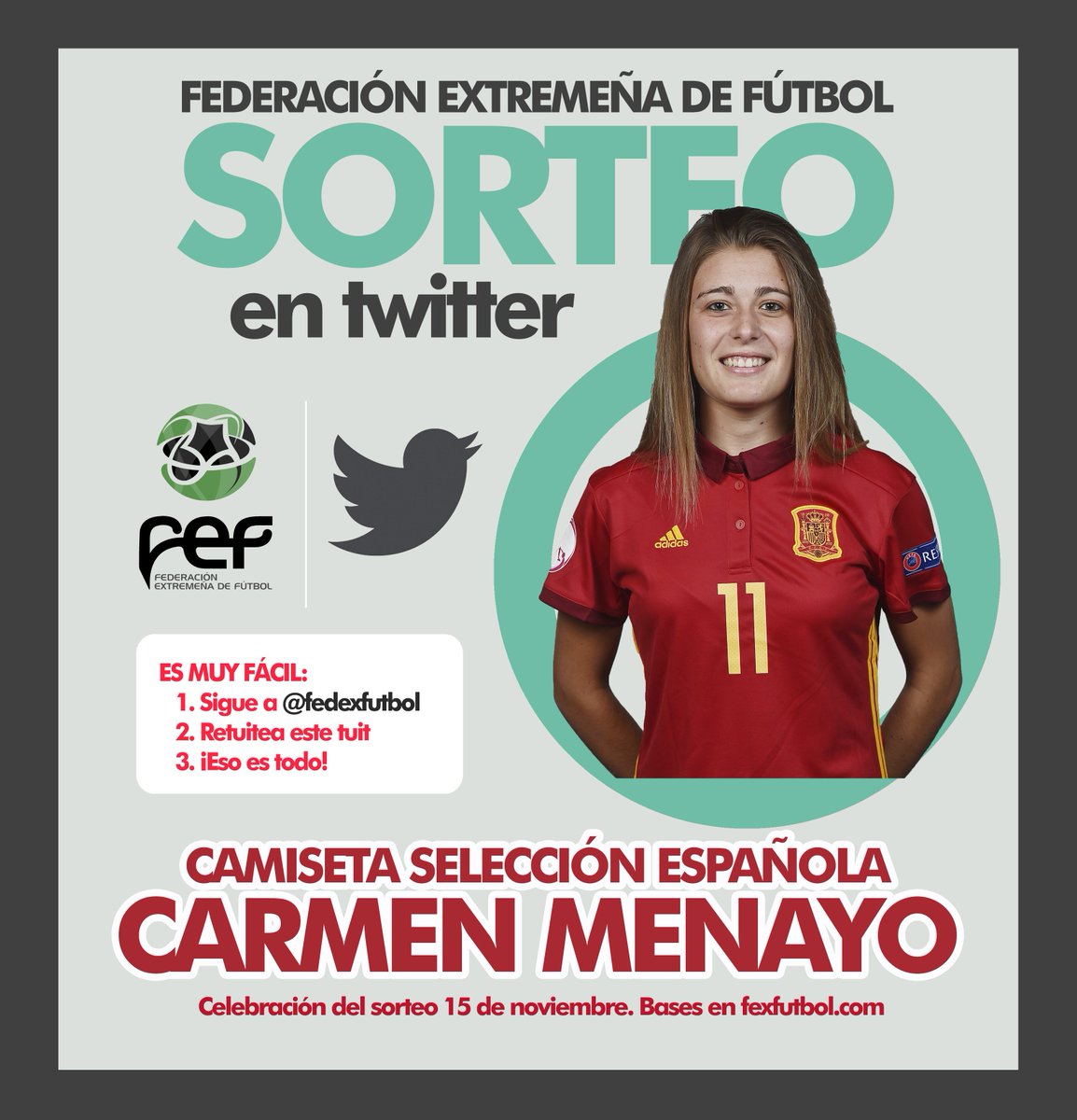FedExFutbol's tweet photo. 🎲¡SORTEO! ✅Sigue a @FedExFutbol, 🔁Retuitea este tuit y hazte con una CAMISETA de la SELECCIÓN ESPAÑOLA🇪🇸 de la extremeña @CarmenMenayo | 🙈¡ES MUY FÁCIL! | 📅Participa hasta el jueves 15 de octubre #SorteosFEXF #HuracánMenayo🎁🎁🎁 https://t.co/9AOroCgAN9