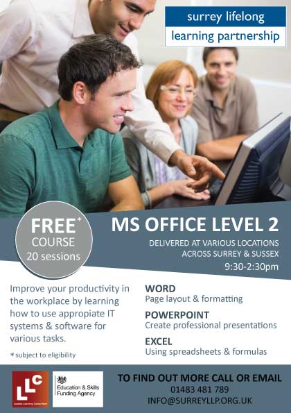 FREE 'Introduction to Word' and 'Microsoft Office Level 2' courses, running across Surrey &amp; Sussex. Register your interest by calling 01483 481 789 or email info@surreyllp.org.uk

#freecourses #computing #ITskills #qualifications #computercourses #microsoft #learningskills