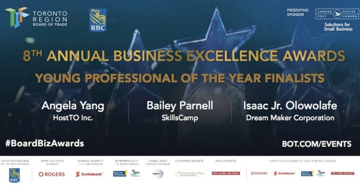 The Young Professional of the Year Award banner from the Toronto Region Board of Trade, featuring all nominees listed.