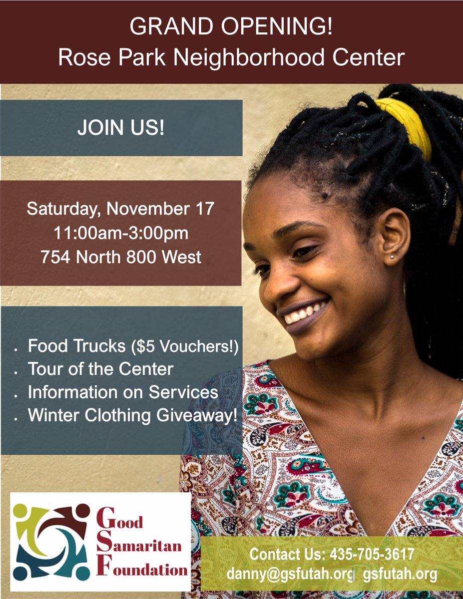 Join us on Nov. 17th for the Grand Opening of Rose Park Neighborhood Center on 754 North 800 West; 11am-3pm. Food trucks, winter clothing drive, and more!