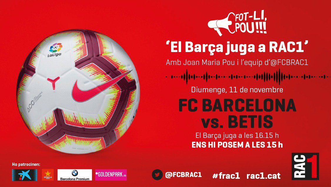 🎟Sortegem una entrada doble per al BARÇA-BETIS! 
👉Fes un RT 

📆diumenge 11/11 ⏰16:15h
📍Camp Nou
🍀Sorteig dissabte al #TuDiràs