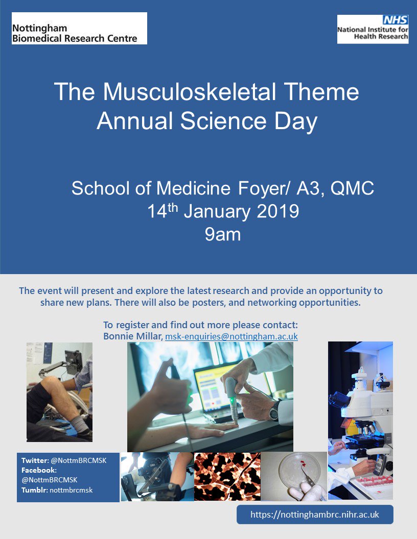 NIHR Nottm BRC MSK (@nottmbrcmsk) on Twitter photo The BRC’s Musculoskeletal Theme is holding its annual science day on Monday 14th January in the School of Medicine, QMC <a href="/VersusArthritis/">Versus Arthritis</a> @CMARUoBUoN <a href="/UoNPainCentre/">Pain Centre Versus Arthritis</a> <a href="/UoNRehab_Ageing/">Centre for Rehabilitation & Ageing Research</a> <a href="/UoN_MetPhys/">Metabolic Physiology</a> <a href="/CentreforSEOA/">Centre-SEOA</a> <a href="/UoNPhysio/">UoN Physiotherapy</a> <a href="/MedicineUoN/">Uni of Nottingham School of Medicine #WeAreUoN</a> The BRC’s Musculoskeletal Theme is holding its annual science day on Monday 14th January in the School of Medicine, QMC <a href="/VersusArthritis/">Versus Arthritis</a> @CMARUoBUoN <a href="/UoNPainCentre/">Pain Centre Versus Arthritis</a> <a href="/UoNRehab_Ageing/">Centre for Rehabilitation & Ageing Research</a> <a href="/UoN_MetPhys/">Metabolic Physiology</a> <a href="/CentreforSEOA/">Centre-SEOA</a> <a href="/UoNPhysio/">UoN Physiotherapy</a> <a href="/MedicineUoN/">Uni of Nottingham School of Medicine #WeAreUoN</a>