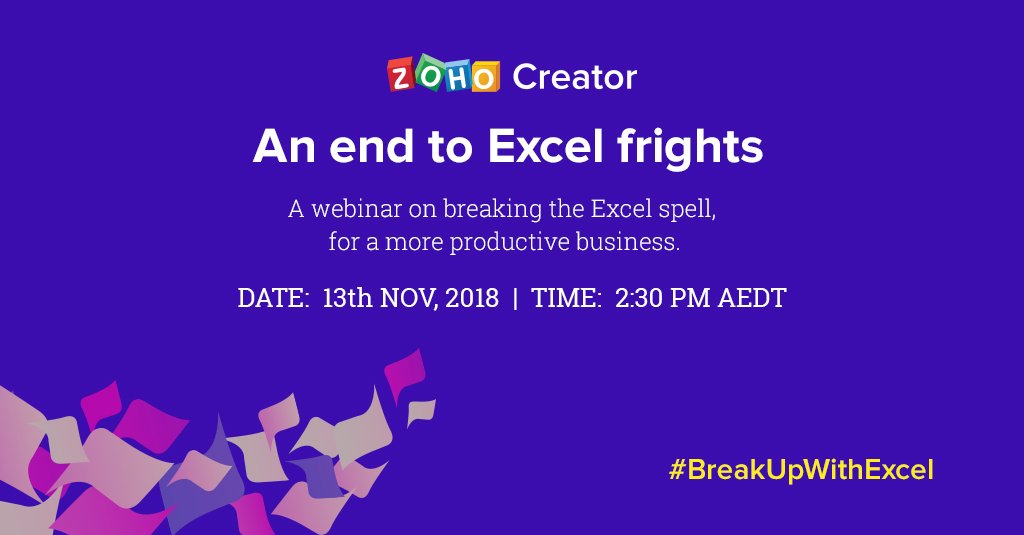 ZohoCreator's tweet photo. Still using Excel to run mission-critical processes? Join Priya (@cubeyogi), our Zoho Creator expert, as she debunks the myths of moving to an advanced database. November 13th at 9am IST | 2:30pm AEDT
Register for our free webinar: https://t.co/ahMtiDBgyR
#BreakUpWithExcel https://t.co/hrFN9Vdgcc