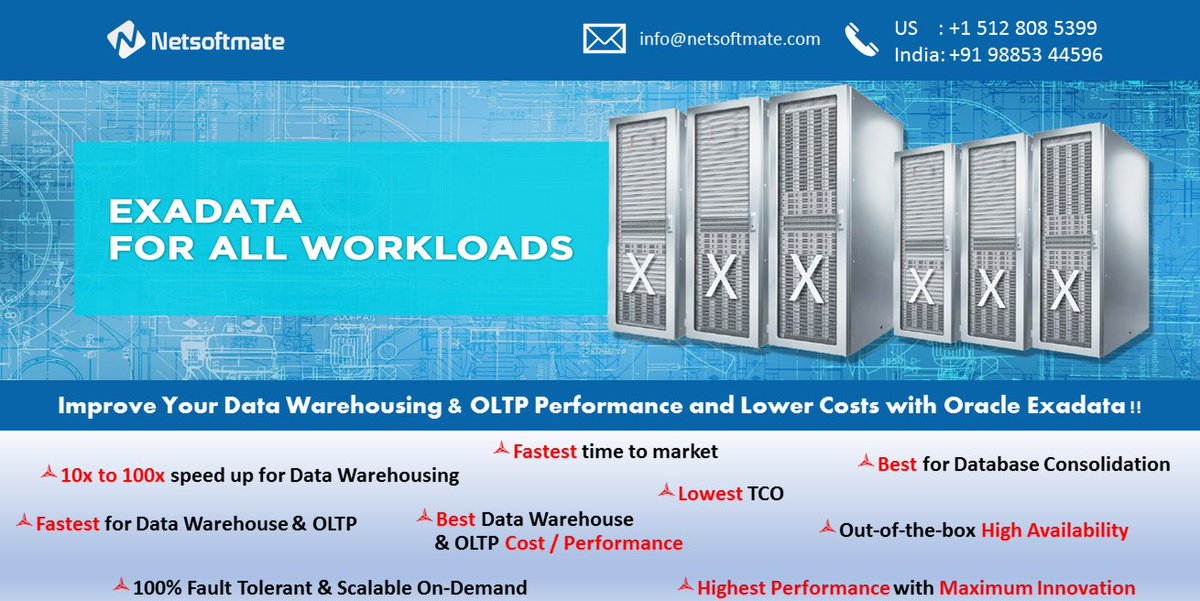 Netsoftmate's tweet photo. Invest in #Oracle #Exadata and get your business to store up to ten times more data with Performance Boost. #Perfect solution for #datawarehousing #OLTP
For more information:
Email: info@netsoftmate.com
#Netsoftmate #Oracle #Exadata #DBM #Exastack #databases https://t.co/rIcZbpqy9I