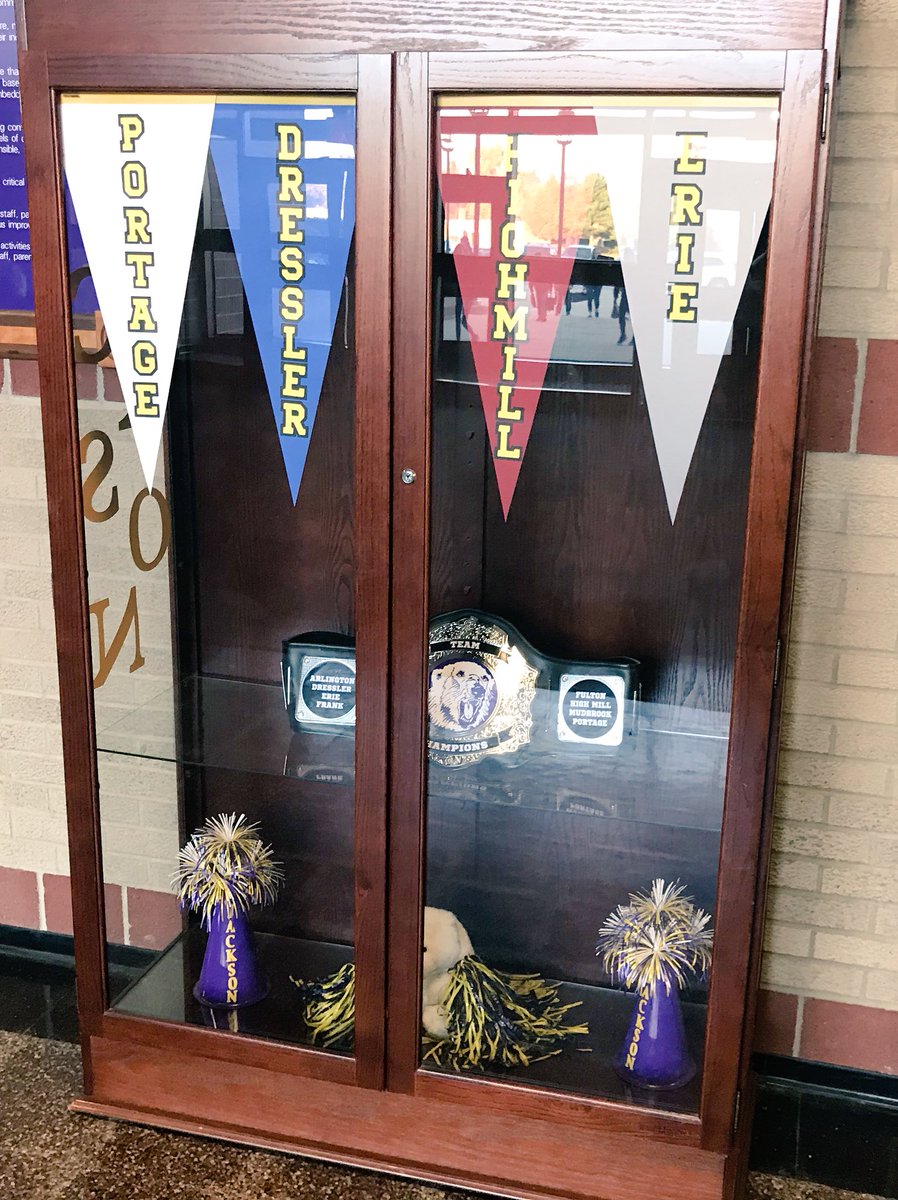 The_JMMS's tweet photo. Our TEAMs cases are on display! TEAMs earn points for positive behaviors and participation throughout the year, working toward earning the TEAMs Championship Belt! #JMMSPride https://t.co/WRSrB0E7En