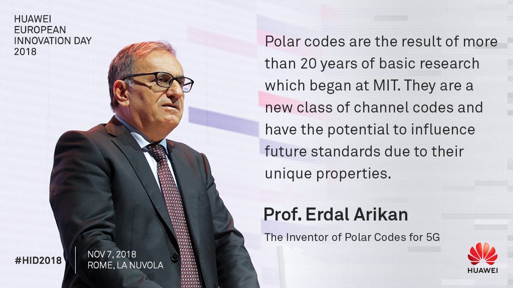 Huawei's tweet image. The Father of #PolarCodes graces the stage of #HID2018. He explains how polar codes greatly improve coding performance for #5G &amp;amp; outlines the challenges beyond 5G: tinyurl.com/HID18-PSMTW