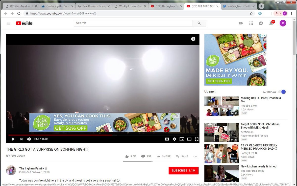 Clairemallows1's tweet photo. @frizzber just checking something on Inghams Nov 6th vlog and look what popped up in the middle this  banner ad is different to the one i got last night but its @HelloFreshUK  again I got a screenshot this time. #chrisingham https://t.co/CSACK0YQFu