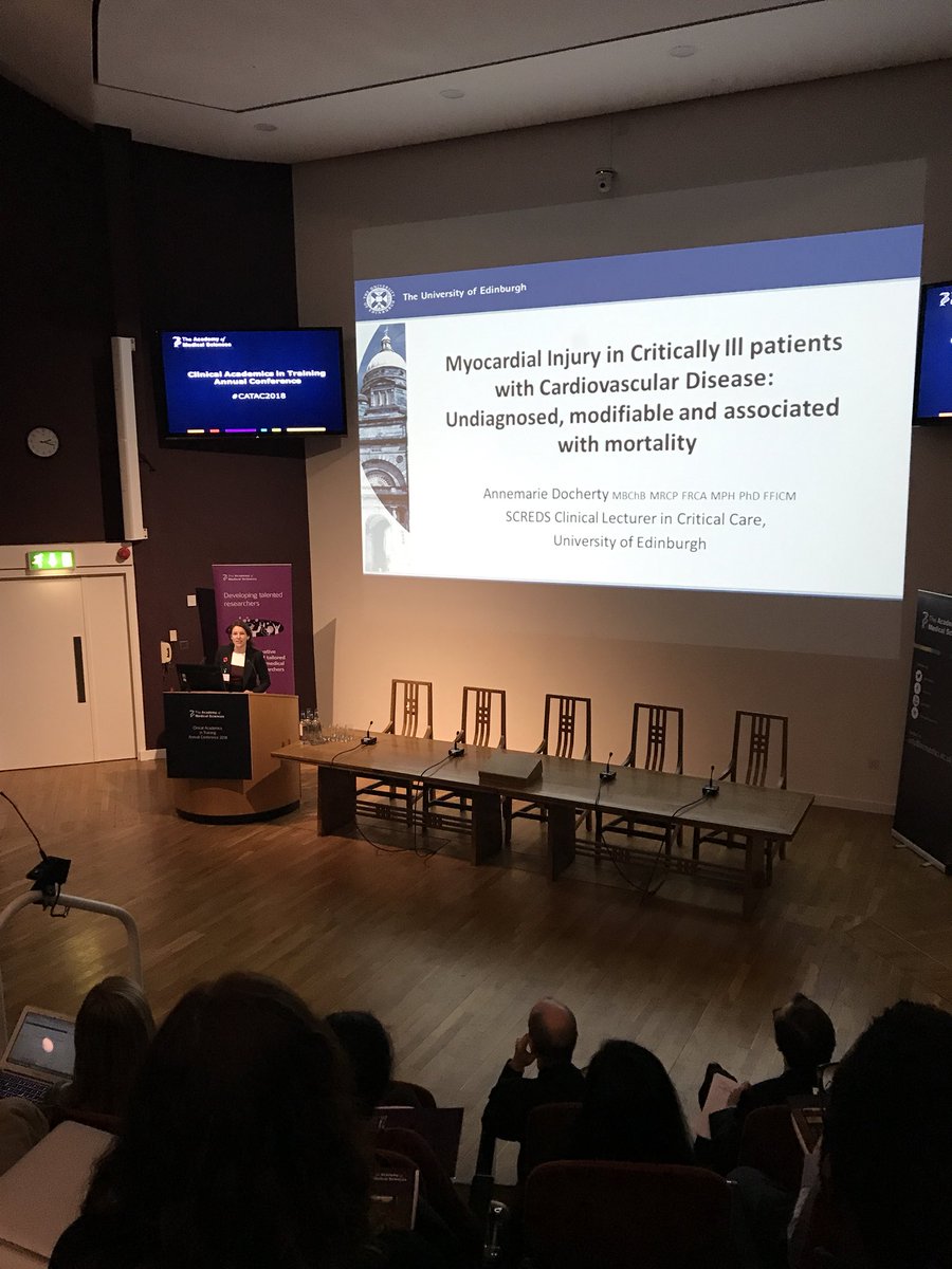 thjcraven's tweet photo. @abdocherty79 presenting elements of her fantastic research programme: MI much more common on ICU than we think, those at risk may benefit relaxed Hb thresholds #CATAC2018 https://t.co/jVWkCfbDjN