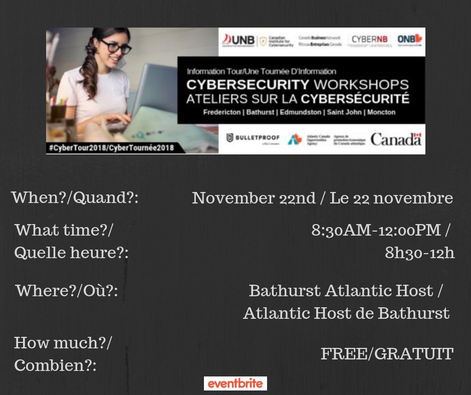 ChaleurChamber's tweet photo. Quick reminder that there will be free cybersecurity workshops on November 22nd from 8:30AM until 12PM at the Bathurst Atlantic Host. If you are interested in participating, please register on the following website: https://t.co/ffOGP9Pybe https://t.co/kUbBvyFBTq