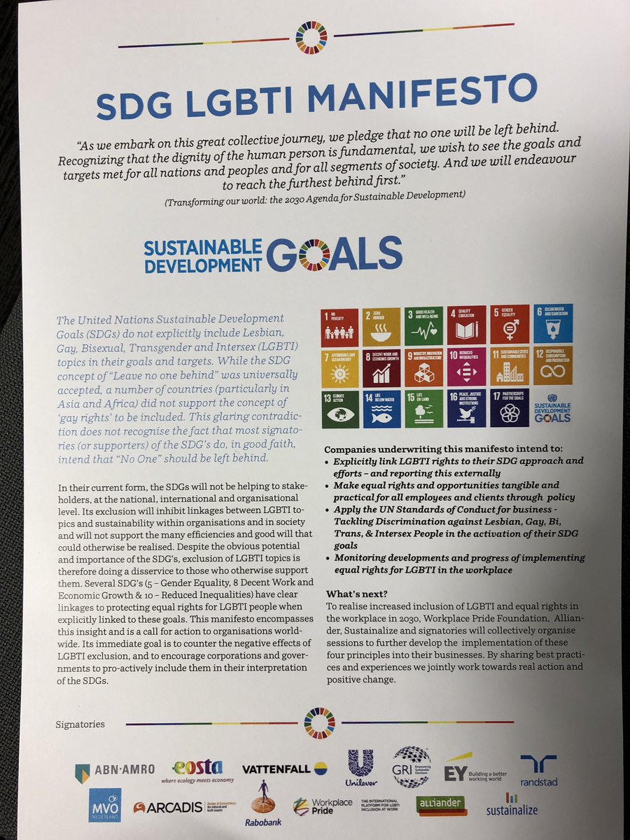 Zojuist SDG #LGBTI Manifesto ondertekend met <a href="/ABNAMRO/">ABN AMRO</a> <a href="/natureandmore/">Nature & More</a> <a href="/Nuonnieuws/">Nuon</a> <a href="/Unilever/">Unilever</a> <a href="/EYnews/">EY</a> <a href="/RandstadNL/">Randstad Nederland</a> <a href="/Alliander/">Alliander</a> <a href="/Rabobank/">Rabobank</a> @Sustainalize <a href="/ArcadisGlobal/">Arcadis</a> namens <a href="/MVO_NL/">MVO Nederland</a> verbazingwekkend dat andere bedrijven aarzelen om te tekenen. Hoezo?