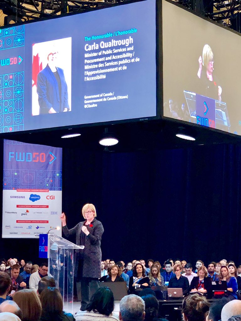 Hon. @CQualtro speaking of building an #inclusive & #accessible #canada to #GCDigital #leaders. #EmergingTechnologies to better serve #Canadians 

#Fwd50 #fwd50conf #agileprocurement #outcomesbased #innovations #thoughleadership #agile #itteansformation #CloudComputing