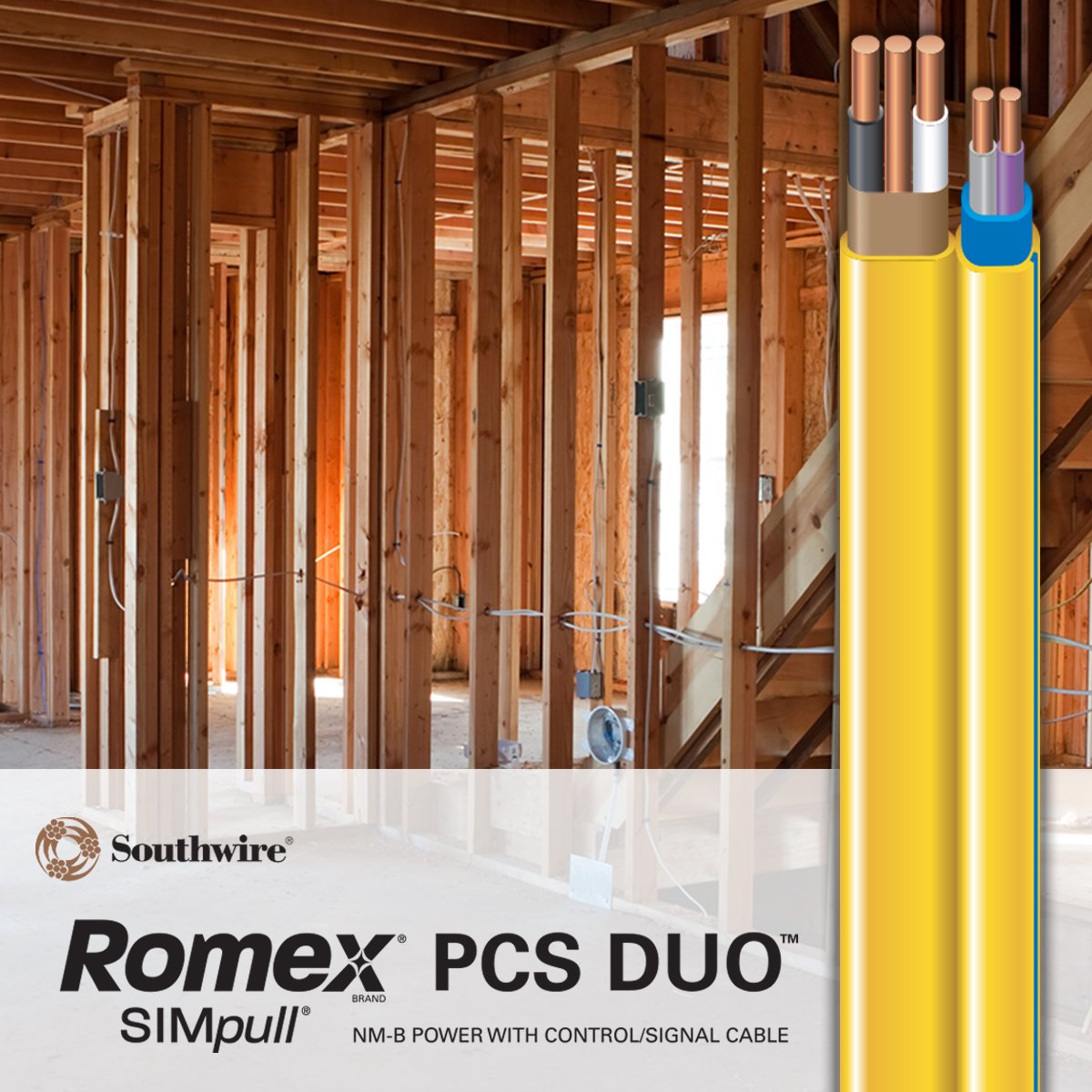 Southwire's tweet photo. Have you heard the big news? #Southwire has combined #NM-B cable with #PCS components, creating the new #Romex brand #SIMpull NM-B-PCS Duo Cable. Learn more product details, benefits, and features at https://t.co/xS9vXILGj2 https://t.co/XosBPR2AjG