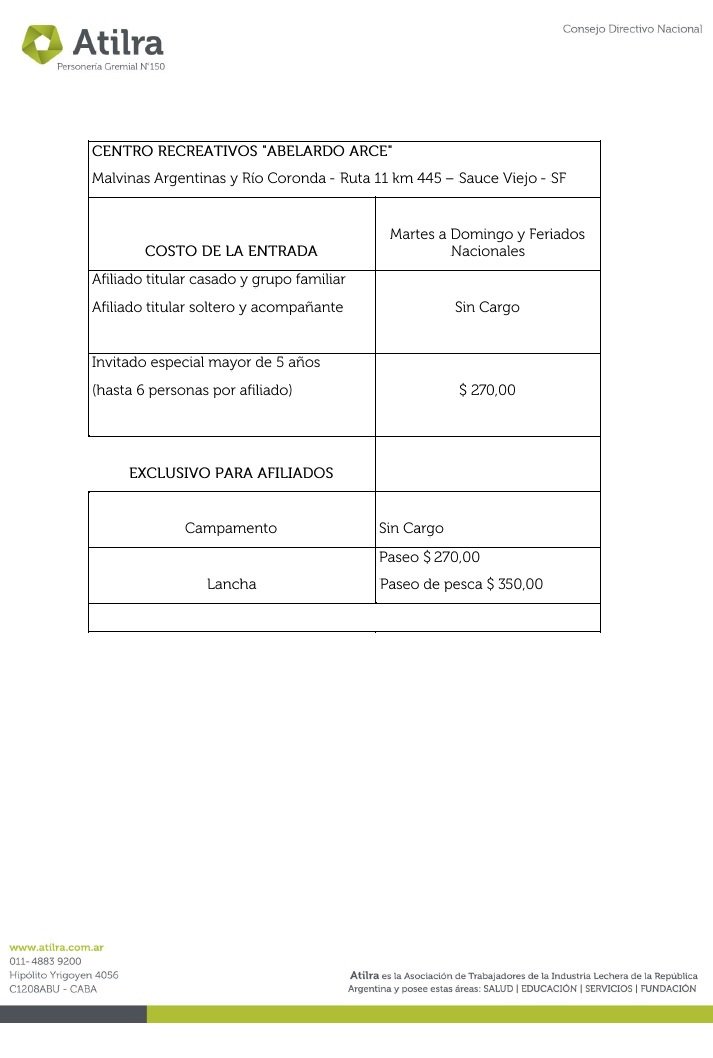 Atilra_Capital's tweet photo. Compañeros y compañeras,

⚠️Queremos informarles acerca de las nuevas tarifas para los Centros Recreativos de nuestra Organización.

➡️Estos valores regirán a partir del 1° de diciembre de 2018 y estarán vigentes hasta nuevo aviso #ATILRA https://t.co/zBePDkxZab