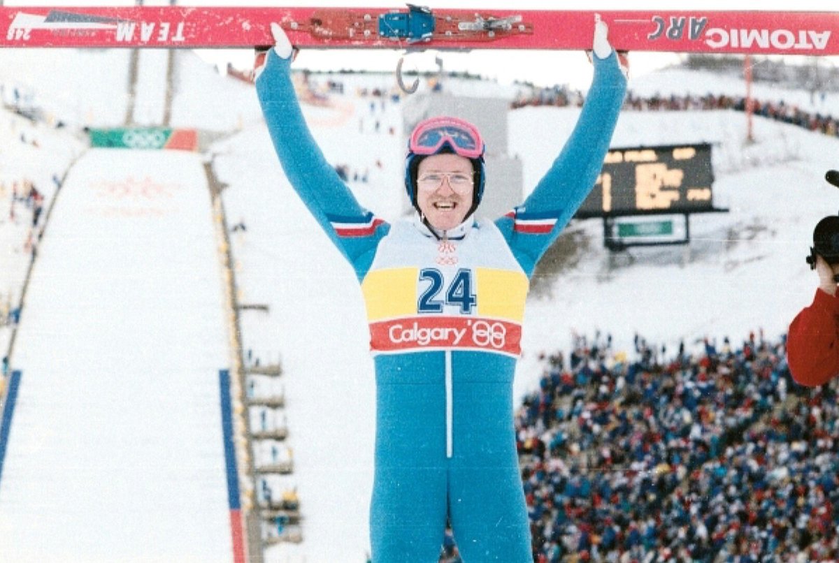 CBCScottRussell's tweet photo. "Greats of 88" Eddie "the Eagle" Edwards Ski jumper who won so many hearts in Calgary "I exemplified that Olympic ideal...that Olympic spirit and that's what people remember." His story https://t.co/QnCZ4MiGtd 
https://t.co/wZ8ymucJIA
VOTE Nov. 13 @2026_calgary @cbc @CBCOlympics https://t.co/seaLXupKBm
