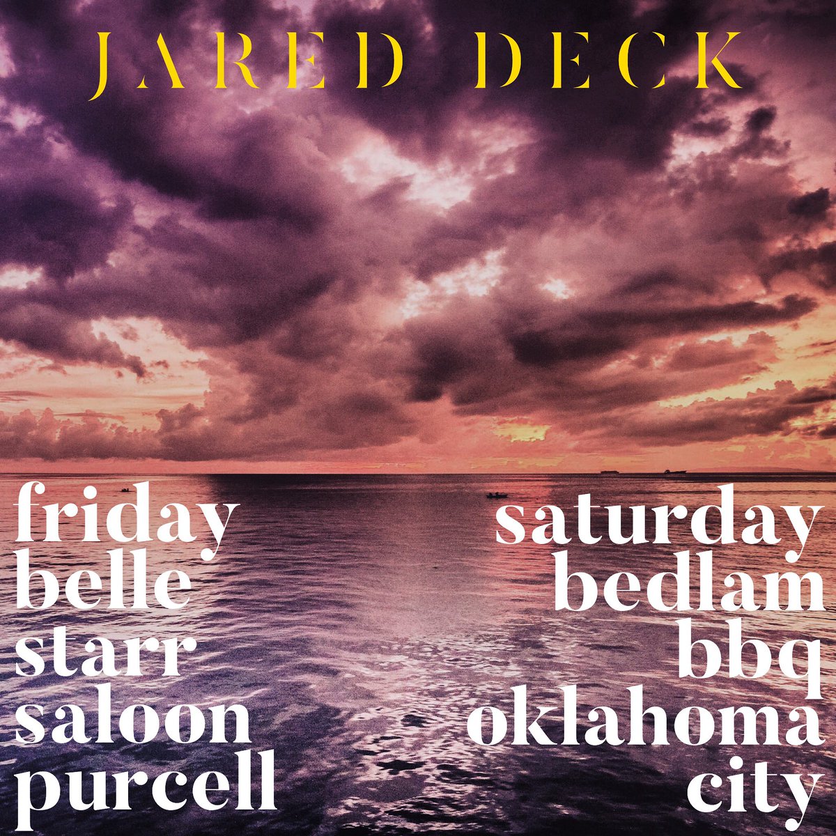 jareddeckmusic's tweet photo. Acoustic shows this weekend! Friday at #bellestarrsaloon in personable Purcell, OK. Saturday at @BEDLAMBARBQ in optimistic OKC.
: : : :
#purcell #okc #bbq #saloon #livemusic #oklahomamusic #singersongwriter #acoustic #solo #okie #oklahoma #whattodoinokc #jareddeck https://t.co/QCPY5KJIBQ