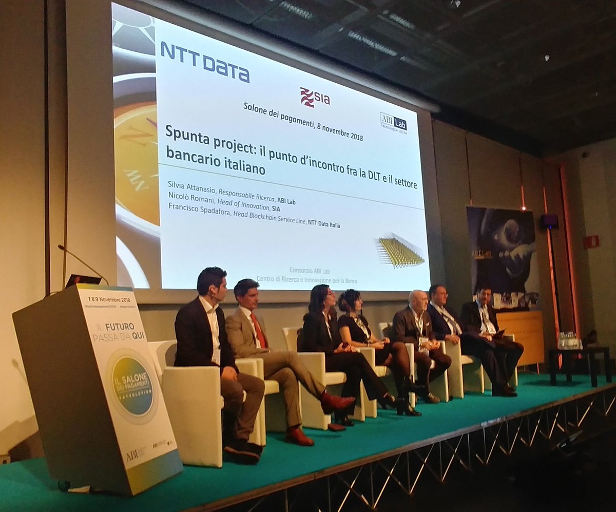 devid_v's tweet photo. RT ABI_Lab: #salonepagamenti2018 è iniziato il workshop che presenta lo #SpuntaProject basato su tecnologia #DLT, #abilab in collaborazione con NTTDATA_IT SIA_pressoffice e inside_r3 https://t.co/sN2MCgeRZV