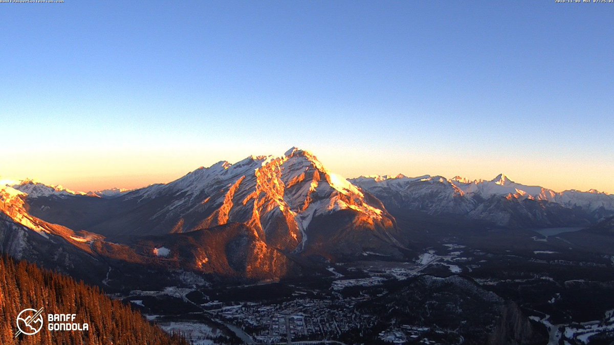 7:25am sunrise view from the Banff Gondola webcam. 
Check out all the live views from webcams around the park at banfflakelouise.com/park-webcams