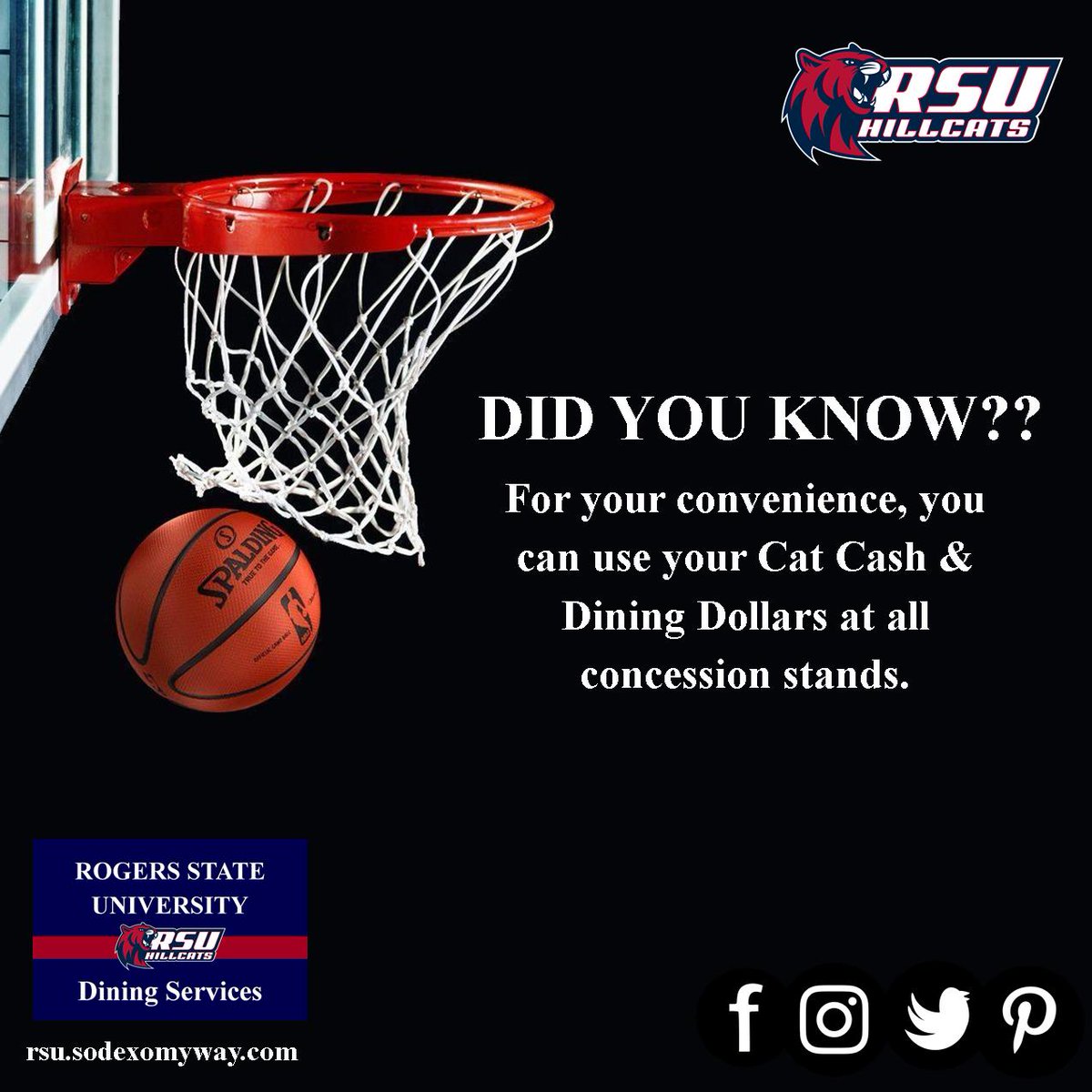 RSUDining's tweet photo. HillCat Basketball Season is upon us! Home Game Openers are Wednesday, November 14th. Don't forget, you can use your Cat Cash &amp; Dining Dollars at all Home Game Concession Stands. #RSUDining #HillCatConcessions #GoHillCats https://t.co/ZQqTCpLgLW