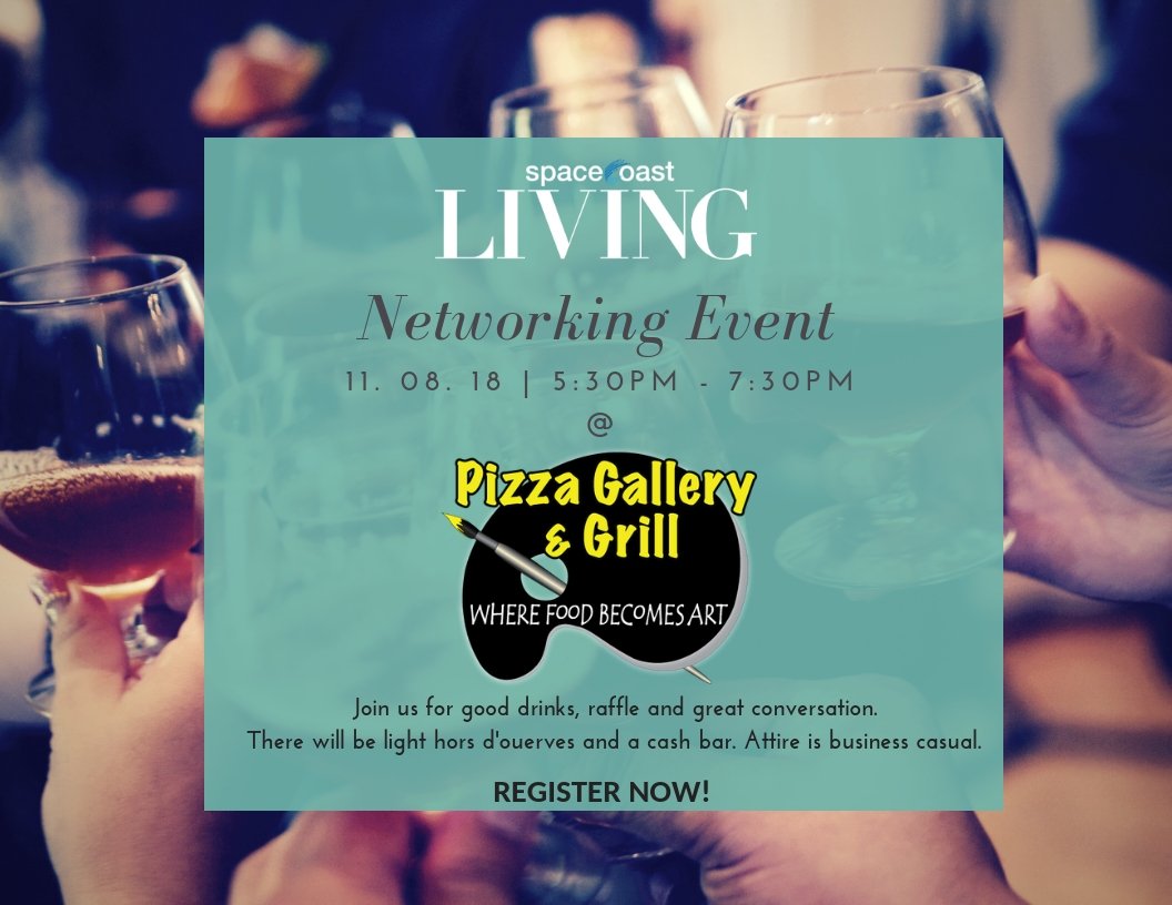 Network with business professionals in our area with SpaceCoast LIVING on November 8 from 5:30 PM to 7:30 PM at Pizza Gallery &amp; Grill. There will be a cash bar and light hors d'ouerves. Attire is business casual. Reserve your spot today! conta.cc/2QbmBcj