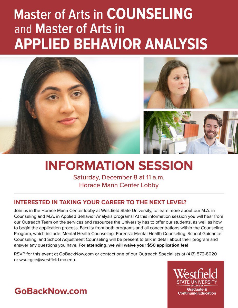WSUCGCE's tweet photo. RSVP at https://t.co/LRD5oL6ukw for our Master of Arts in Applied Behavior Analysis and Master of Arts in Counseling information session on Saturday, December 8th at 11 a.m. All information session attendees will have the $50 application fee waived! https://t.co/k5XO9XD4kg