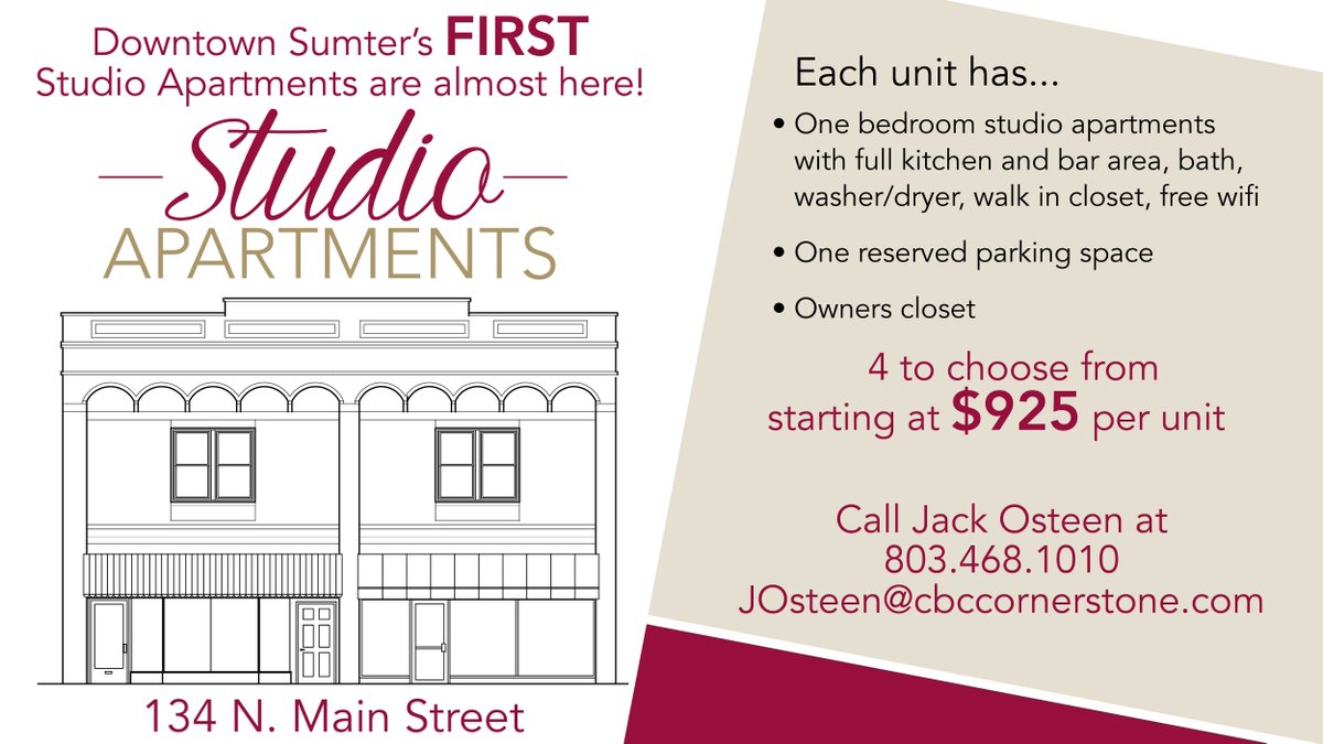jackosteen's tweet photo. Sumter's first downtown studio apartments are nearly done and almost rented out!  Call today if you want one of the last units! https://t.co/W6LbavsaZE