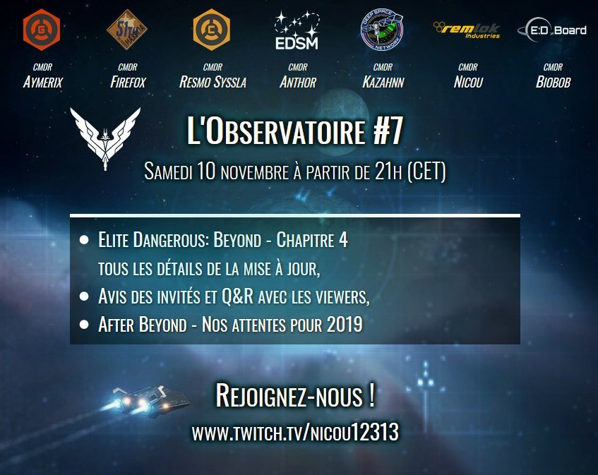 AnthorNet's tweet photo. [FR] L'Observatoire n°7
samedi 10 Novembre à partir de 21h (heure de Paris)
Retrouvez-nous sur Twitch https://t.co/Mh0KvpemG2 
Nous discuterons de Beyond Chapitre 4 et des détails de la mise à jour. https://t.co/DsVaO7mAN9
