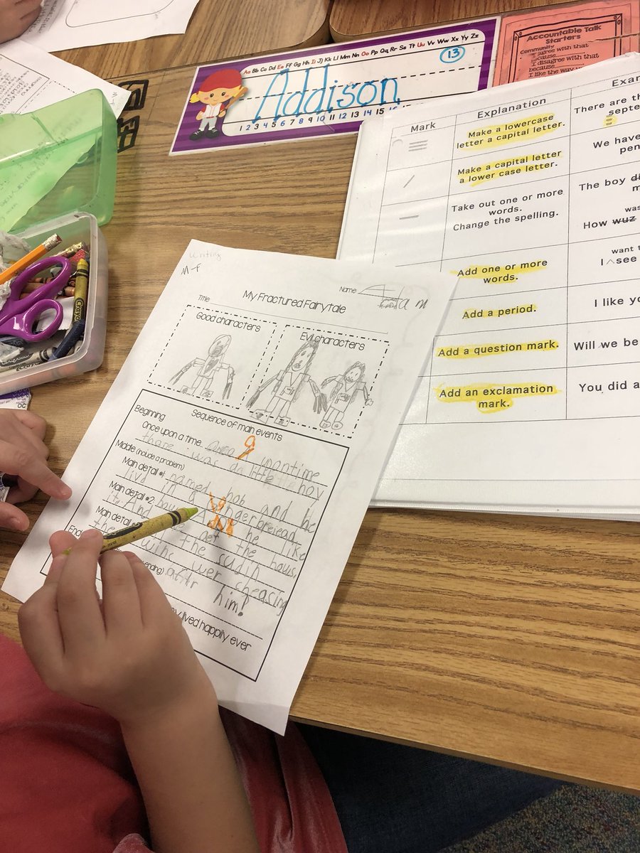 Peer Editing our Fairytales!  Students providing feedback and differentiated writing paper for our authors!!! #attheW #WilmethMOI #growingwriters