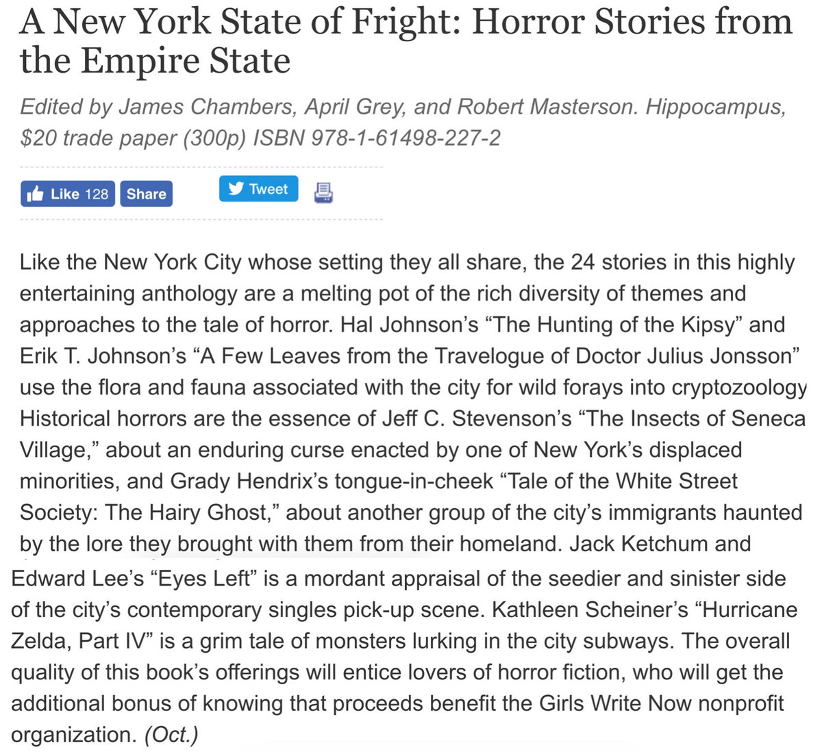 JeffCStevenson's tweet image. JUST PUBLISHED: A NEW YORK STATE OF FRIGHT Includes my story "The Insects of Seneca Village." All proceeds go to @girlswritenow goo.gl/uGqQUB
Great review in @PublishersWkly!  #SenecaVillage