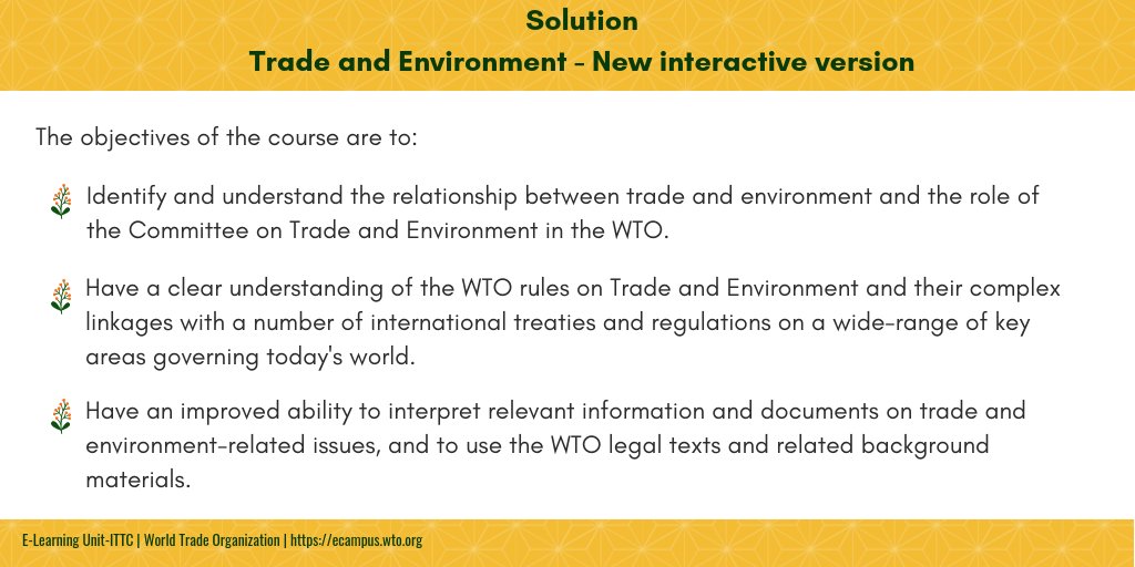 wtoelearning's tweet photo. Have you been able to guess which new interactive course has been launched? The solution is: Trade and Environment β New interactive course. #Register #WTOELearning https://t.co/p2pMioYoBt