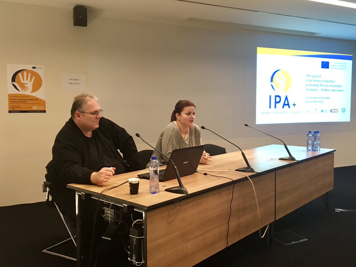 IPA_project's tweet photo. Nenad Glumbić from the @BelgradeUni and Sunčica Petrović from the Serbian Society of #Autism are in the #IPAPlus final conference in Brussels talking about the Serbian experience when creating and piloting our course.
#ErasmusPlus #training https://t.co/W27H83P72f