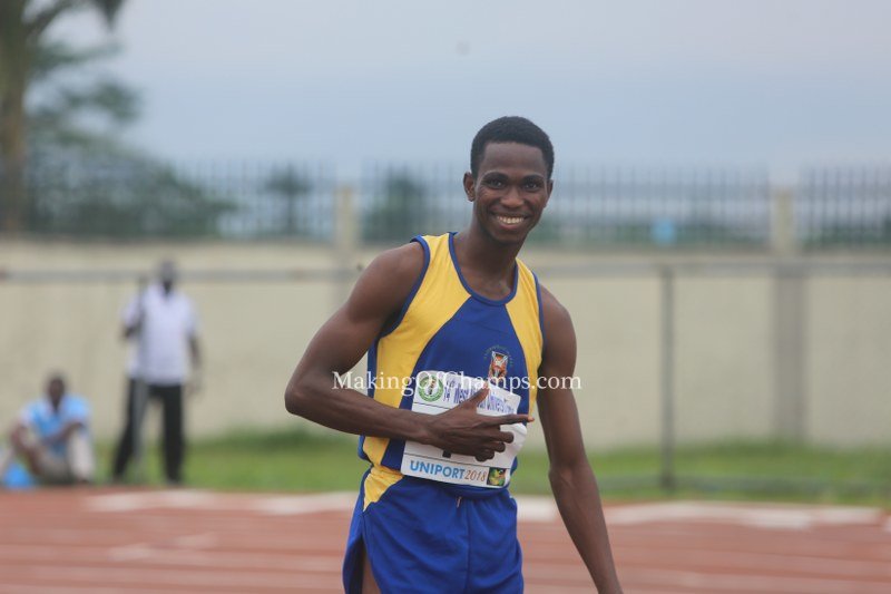 MakingOfChamps's tweet photo. A delighted Cyprian Oyedele after winning GOLD in the men's High Jump for the University of Ibadan. Oyedele won with a mark of 2.05m  #WAUGUNIPORT2018 https://t.co/191vxVEQEG