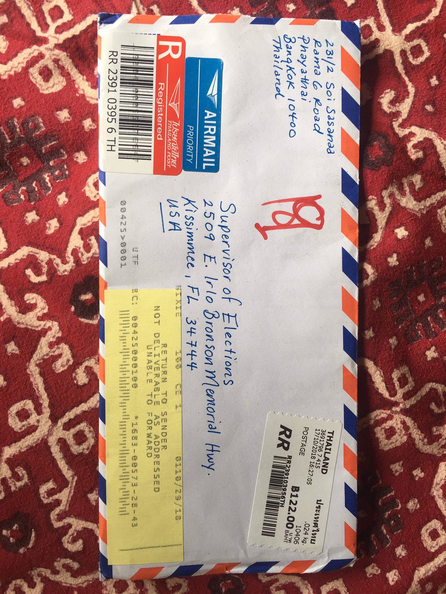 Amalee McCoy (@amalee_mccoy) on Twitter photo So I mailed in my FL voter absentee ballot on 17 Oct from Bangkok...postal tracker shows it arrived at JFK airport on 25 Oct but didn’t go on to Osceola County Sup of Elections...just rec’d it back today. What is happening here?? <a href="/AndrewGillum/">Andrew Gillum</a> <a href="/ProgressiveFL/">Democratic Progressive Caucus of FL</a> <a href="/VoteOsceola/">Mary Jane Arrington, Osceola County SOE</a> <a href="/Reaproy/">Phil Robertson</a> So I mailed in my FL voter absentee ballot on 17 Oct from Bangkok...postal tracker shows it arrived at JFK airport on 25 Oct but didn’t go on to Osceola County Sup of Elections...just rec’d it back today. What is happening here?? <a href="/AndrewGillum/">Andrew Gillum</a> <a href="/ProgressiveFL/">Democratic Progressive Caucus of FL</a> <a href="/VoteOsceola/">Mary Jane Arrington, Osceola County SOE</a> <a href="/Reaproy/">Phil Robertson</a>